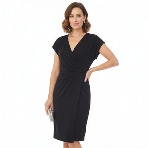 Nicole Miller Original Black Faux Wrap Dress Small V Neck LBD Staple Read Discrp